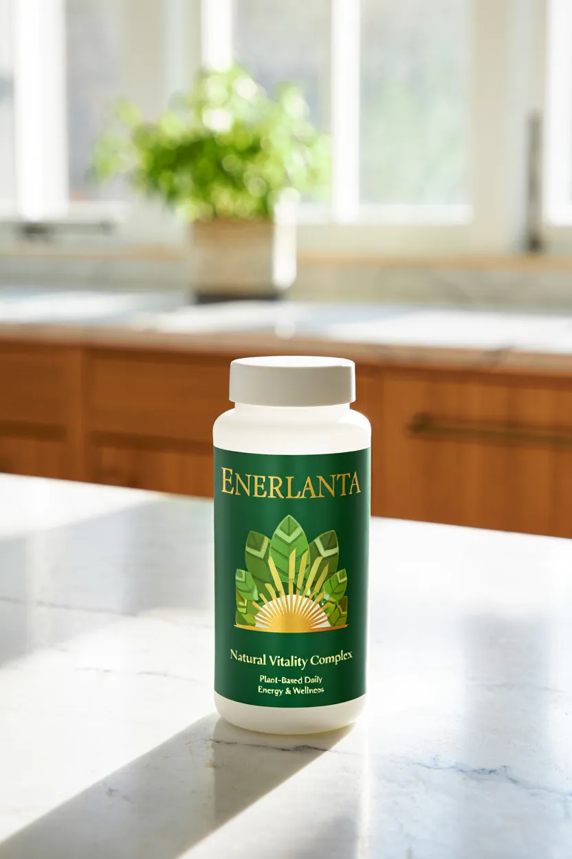 Enerlanta Natural Vitality Complex dietary supplement bottle with plant-based ingredients for daily energy and wellness